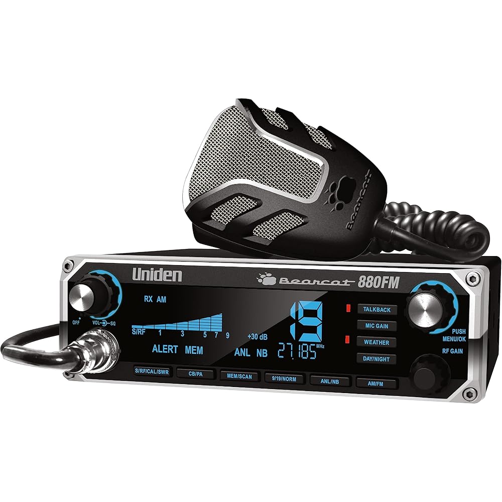 Uniden Bearcat 880FM CB Radio, 40 Channels with Dual-Mode AM/FM, Large Easy-to-Read Backlit 7-Color LCD Display, Backlit Knobs/Buttons, NOAA Weather Alert, PA/CB Switch, and Wireless Mic Compatible