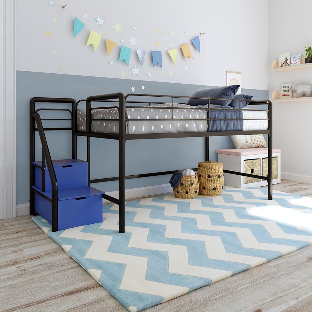 DHP Junior Twin Metal Loft Bed with Storage Steps, Multifunctional Space-Saving Solution Black with Blue Steps
