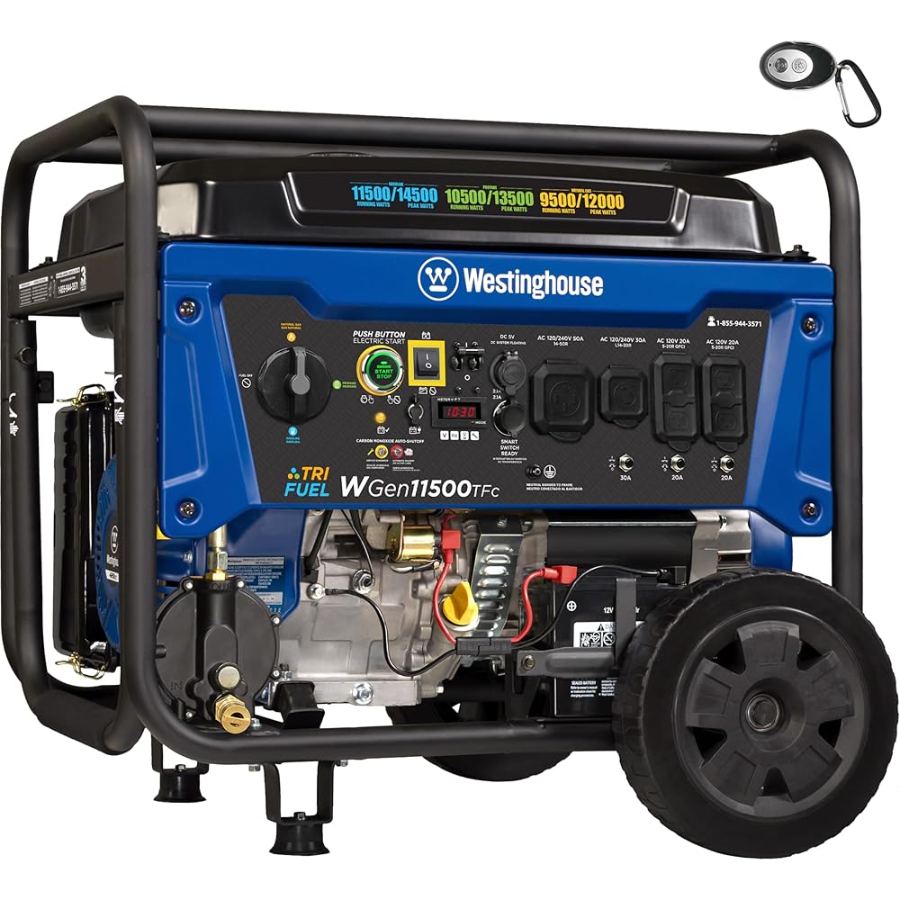 Westinghouse 14500 Peak Watt Tri-Fuel Home Backup Portable Generator, Remote Electric Start, Transfer Switch Ready, Gas, Propane, and Natural Gas Powered