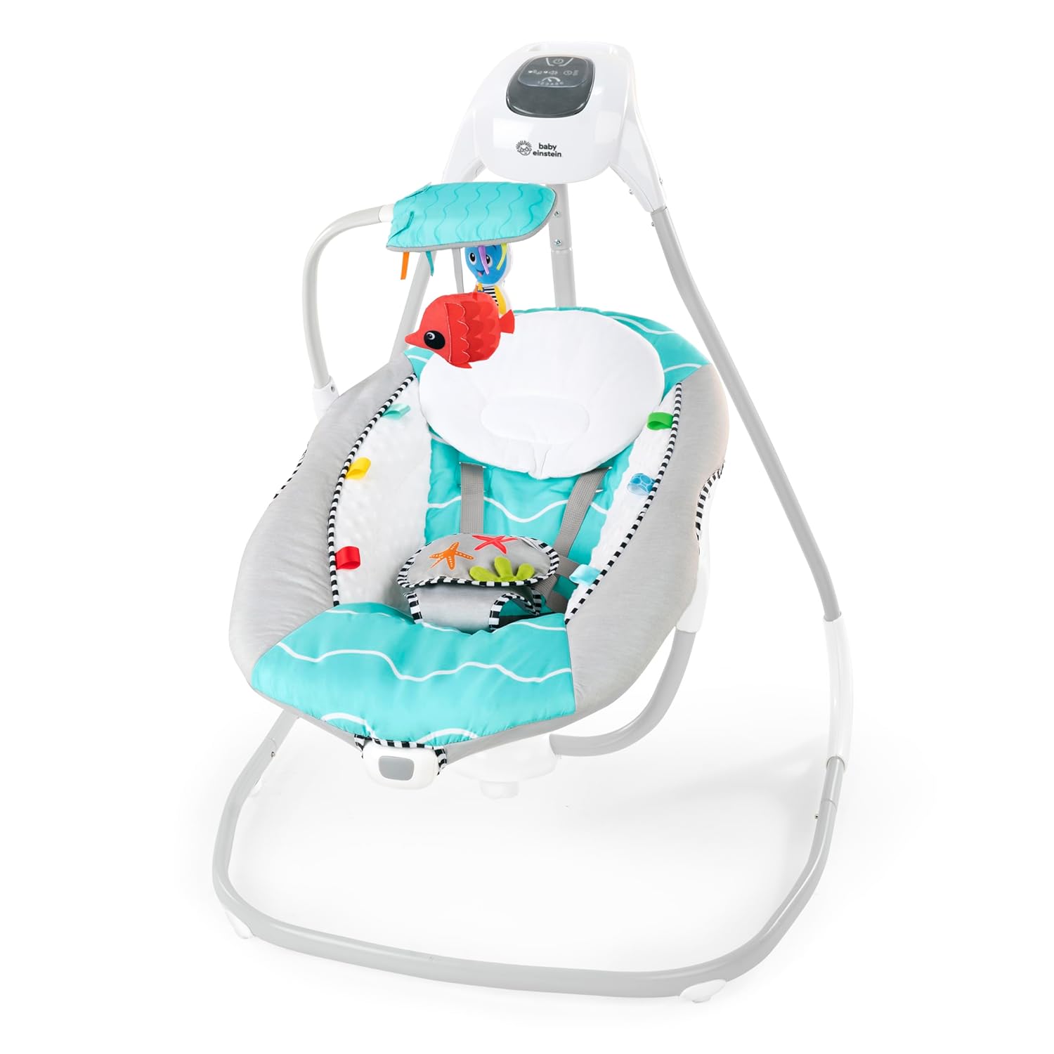 Baby Einstein Ocean Explorers Musical Compact, Lightweight Baby Swing, 6-Speed Multi-Direction, Vibrations, Music, Sounds, 0-9 Months Grey
