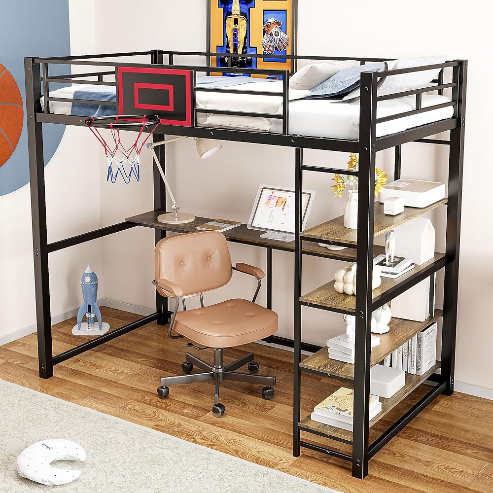 FAVSH Twin Size Metal Loft Bed with Desk and Shelves, Heavy Duty Loftbed w/Basketball Hoop,Space-Saving, Noise Free, No Box Spring Needed,Black