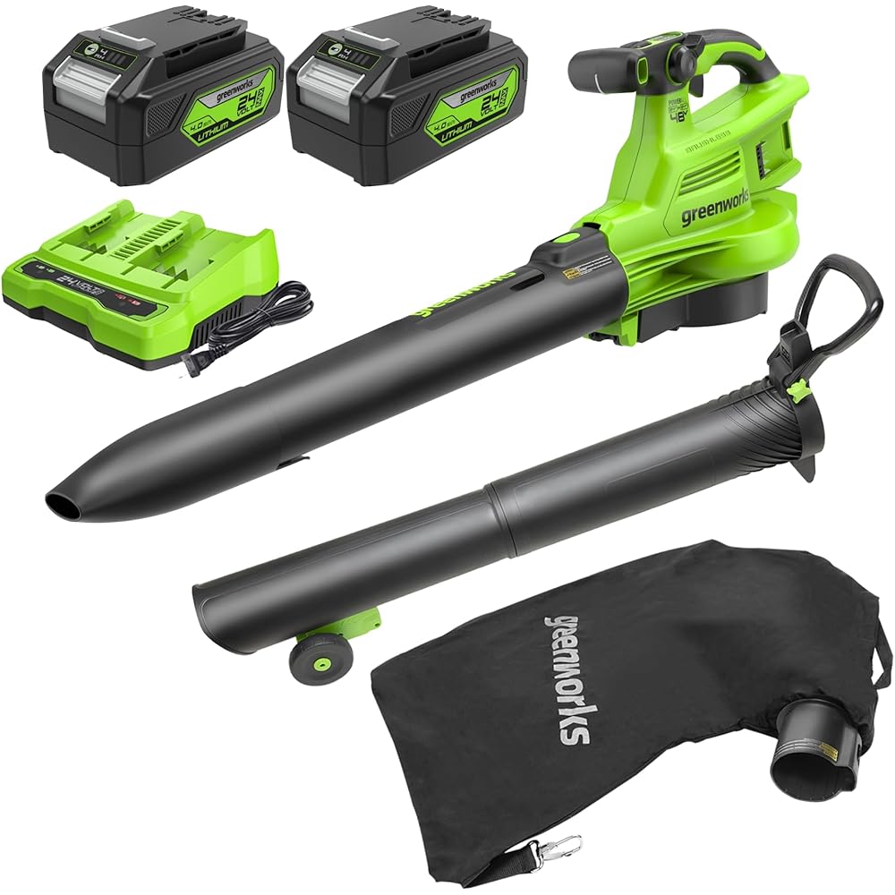 Greenworks 48V (2x24V) 520 CFM Brushless Leaf Blower/Vacuum w/ (2) 4.0Ah Battery &amp; Dual Port Charger