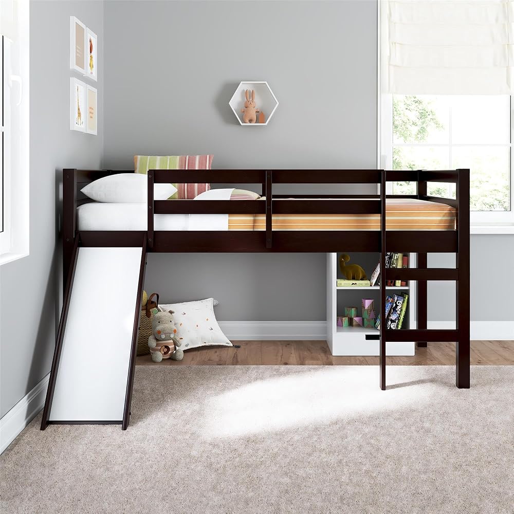DHP Milton Kids' Low Loft Bed with Slide, Twin, Brown