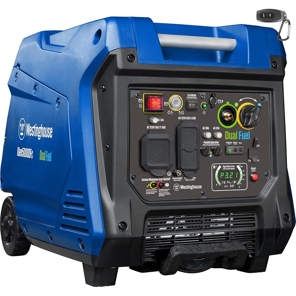 Westinghouse 5000 Peak Watt Super Quiet Dual Fuel Portable Inverter Generator, Remote Electric Start, Gas &amp; Propane Powered, RV Ready, CO Sensor, Parallel Capable