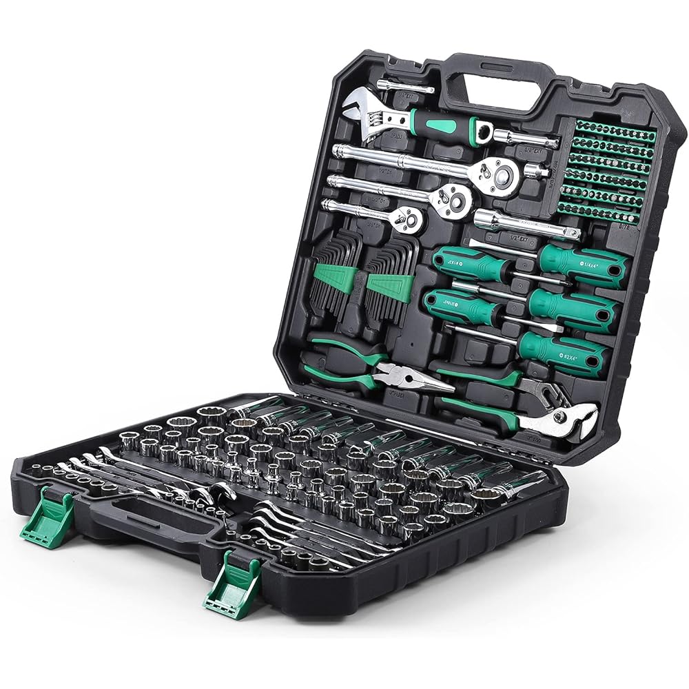 PioneerWorks Mechanic Tool Set, 213-piece Drive Socket Set in Tool Storage Case, SAE and Metric Socket Set, Cr-V Constructed, Mechanics Tools Kit for Auto Repair Household