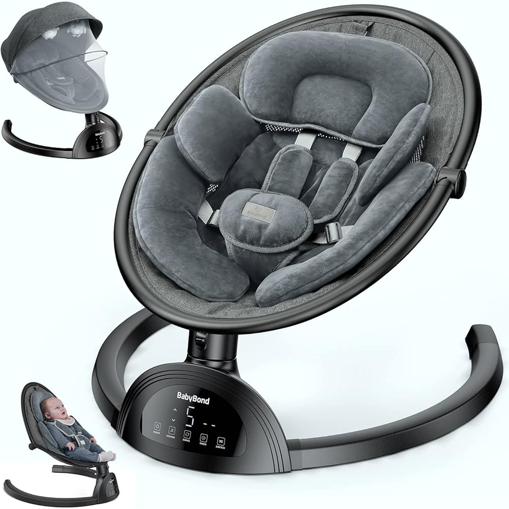 BabyBond Baby Swings for Infants, Bluetooth Infant Swing with Music Speaker, 3 Seat Positions, 5 Point Harness Belt, 5 Speeds and Remote Control Portable Baby Swing for Indoor and Outdoor (Black)