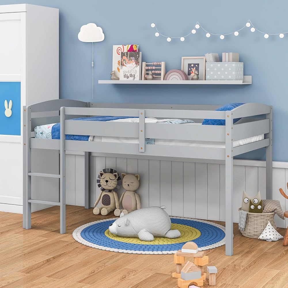 Giantex Twin Loft Bed with Ladder, Wood Low Profile Loft Bed with 30" Clearance &amp; Safety Guard Rails, Space-Saving Loft Bed Frame for Kids Teens Junior, No Box Spring Needed, Kids Bed Frame, Grey