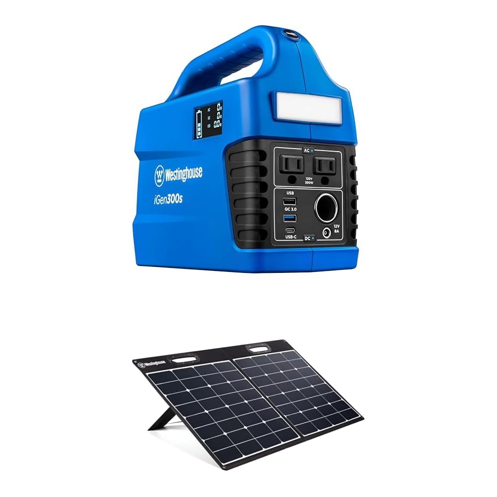 Westinghouse iGen300s 296Wh 600 Peak Watt Portable Power Station and 100W Solar Panel, Pure Sine Wave AC Outlet, Backup Lithium Battery for Camping, Home, Travel, Indoor/Outdoor Use