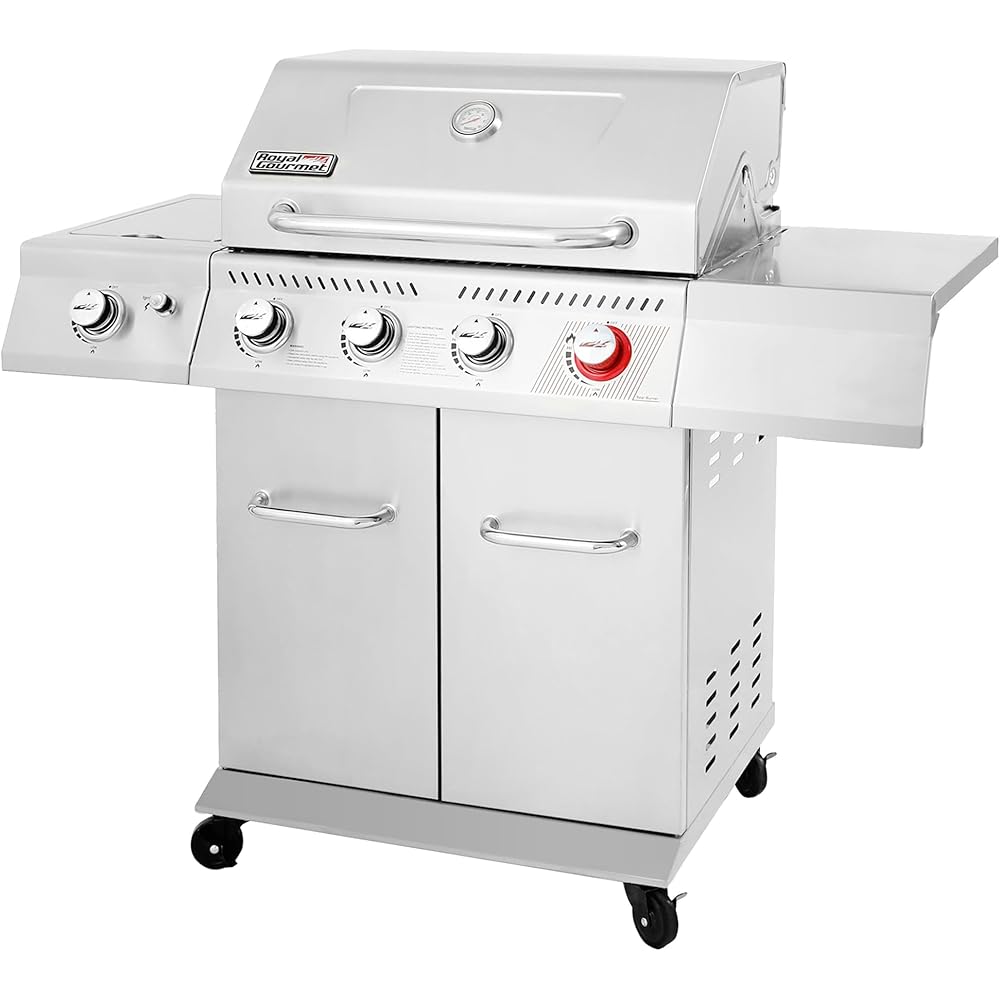 Royal Gourmet GA4402S 4 Burner Propane Gas Grill with Side Burner &amp; Warming Rack, Stainless Steel Gas Grill with 54,000 BTUs Output for Barbecue Grilling &amp; Backyard Cooking, Silver