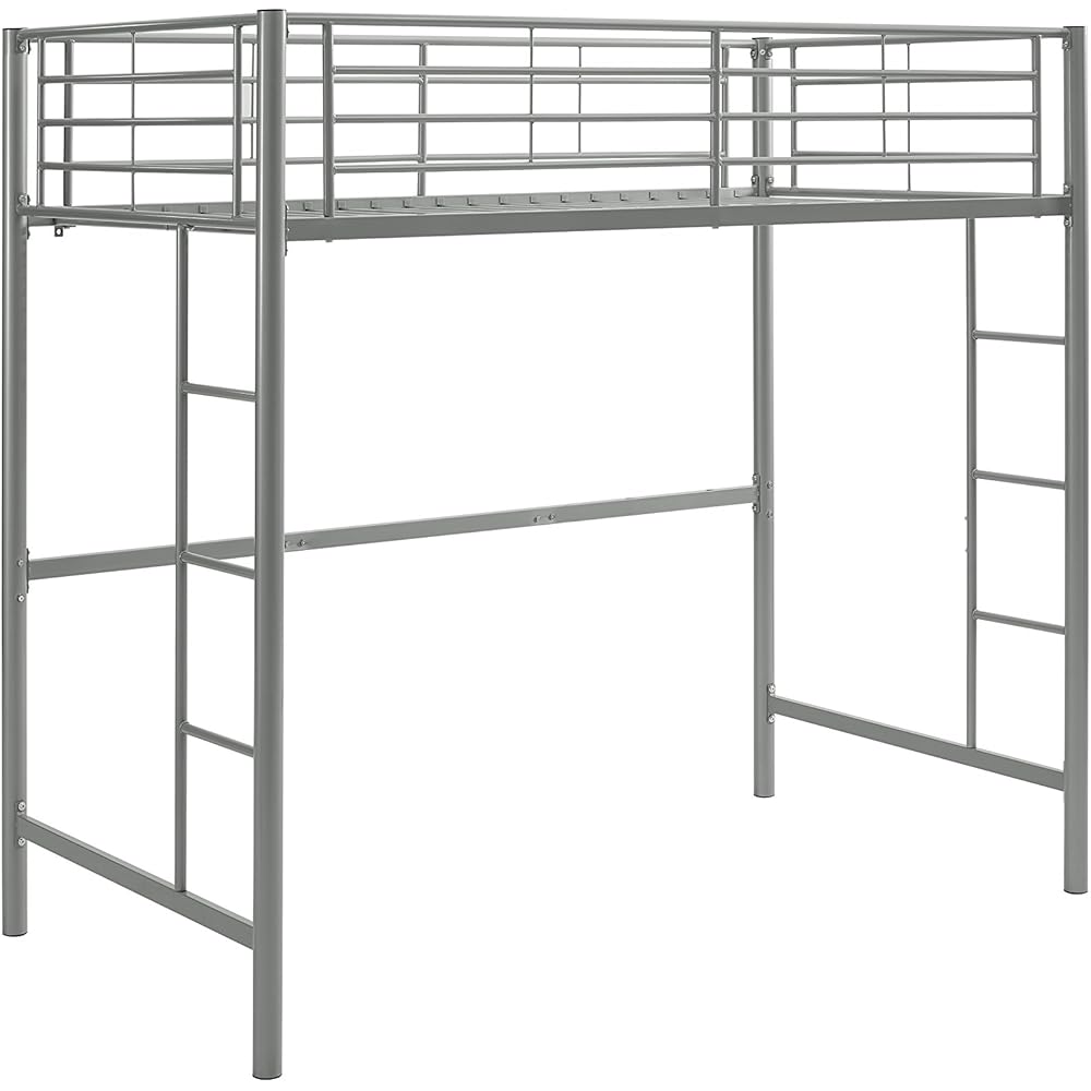 Walker Edison Silver Metal Twin over Loft Bunk Bed Twin Size Bedframe with Ladder