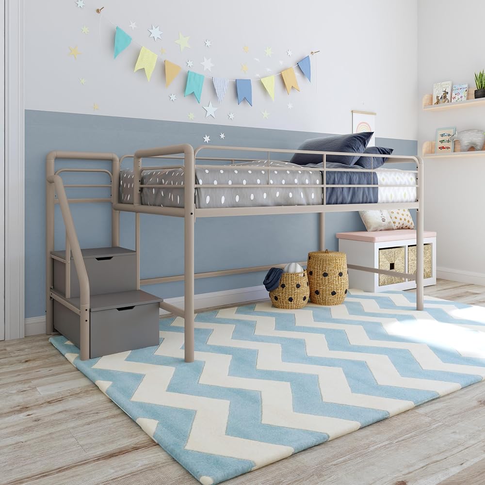 DHP Junior Twin Metal Loft Bed with Storage Steps, Multifunctional Space-Saving Solution Silver with Gray Steps