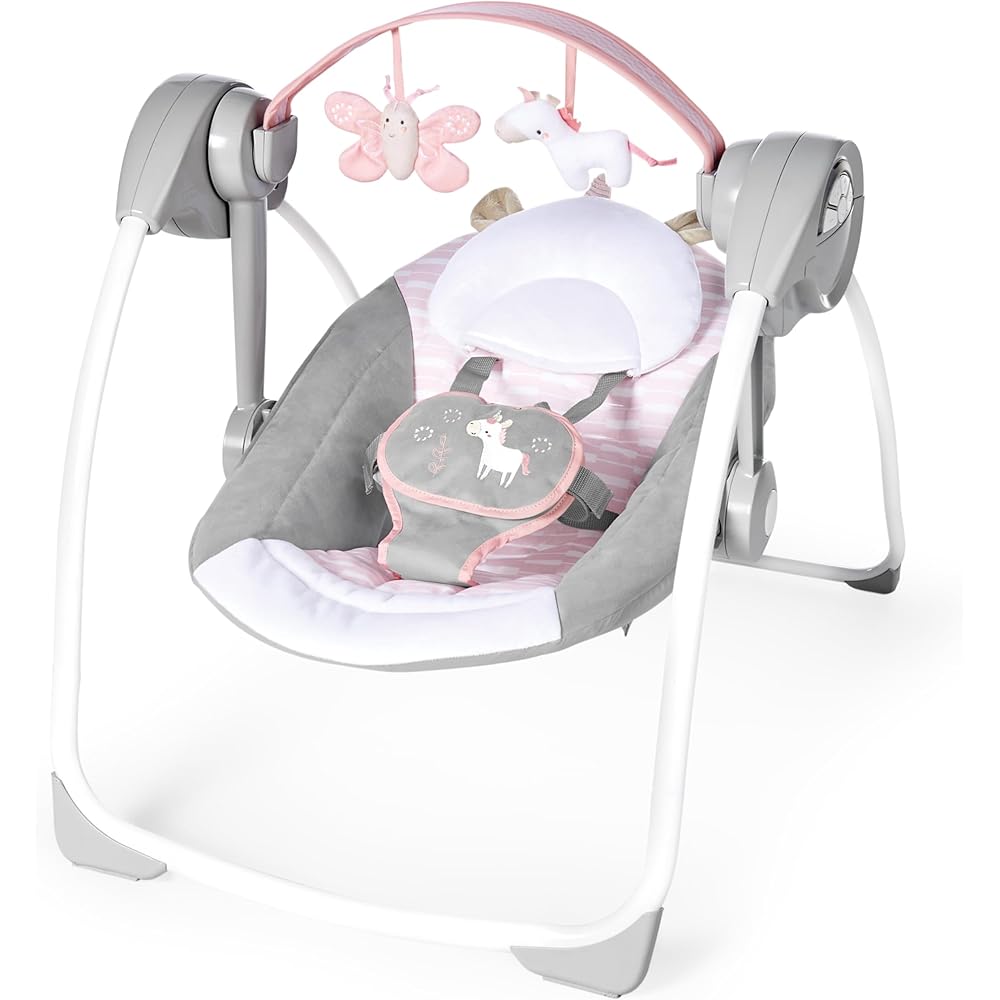 Ingenuity Comfort 2 Go Compact Portable 6-Speed Cushioned Baby Swing with Music, Folds Easy, 0-9 Months 6-20 lbs (Pink Flora the Unicorn)