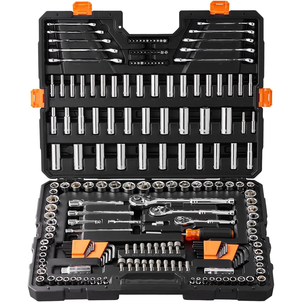 VEVOR Mechanics Tool Set, 205 Pcs SAE and Metric Sockets, 1/4" 3/8" 1/2" Drive Deep and Standard Sockets, Chrome Vanadium Steel, Polyethylene