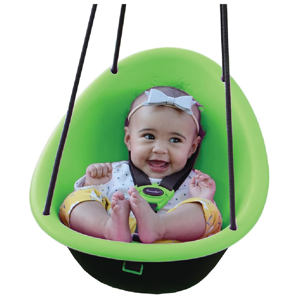 Swurfer Kiwi Toddler Swing – Comfy Baby Swing Outdoor, 3-Point Adjustable Safety Harness, Safe Quick Click Locking System, Foam-Lined Shell, Blister-Free Rope, Age 9 Months and Up, Green