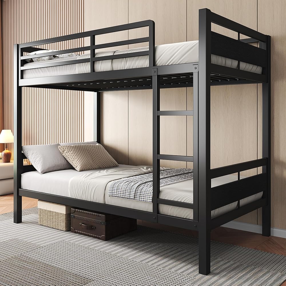 Feonase Metal Twin Over Twin Bunk Bed with Ladder and High Guardrail, Heavy-Duty Metal Slats Support, Noise Free, No Box Spring Needed, for Kids and Juniors, Black