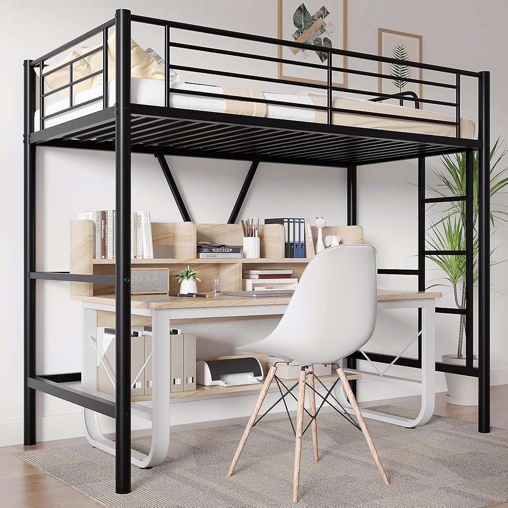 VECELO Twin Size Loft Bed with Full-Length Guardrails and Removable Ladder, Heavy-Duty Metal Frame, Space-Saving Design &amp; Noise-Free, Black