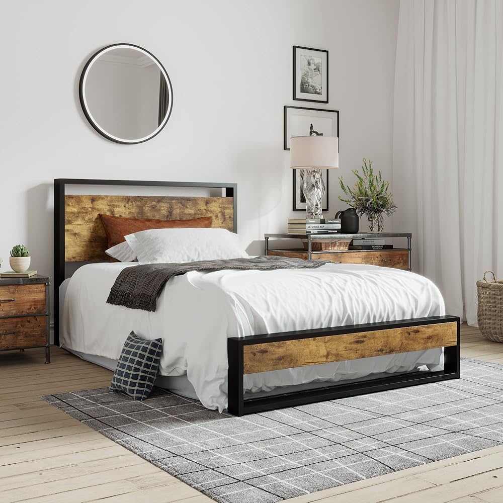 SHA CERLIN Twin Size Bed Frame with Wooden Headboard,Heavy Duty Metal Slats Support Platform,No Box Spring Needed,Rustic Brown
