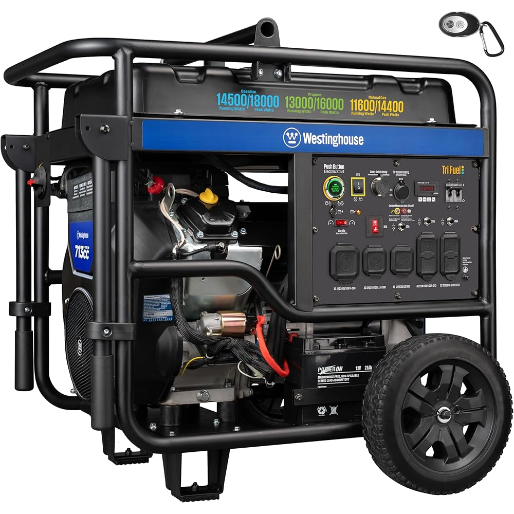 Westinghouse 18000 Peak Watt Tri-Fuel Home Backup Portable Generator, Remote Electric Start, Transfer Switch Ready, Gas, Propane, and Natural Gas Powered, CO Sensor
