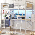 Jocoevol Twin Size Heavy Duty Metal Loft Bed with L-Shaped Desk, LED Lights,Charging Station, Industrial Loft Bed Frame with 3 Storage Shelves and 3 Fabric Drawers, Safety Guard &amp; Ladder (White)