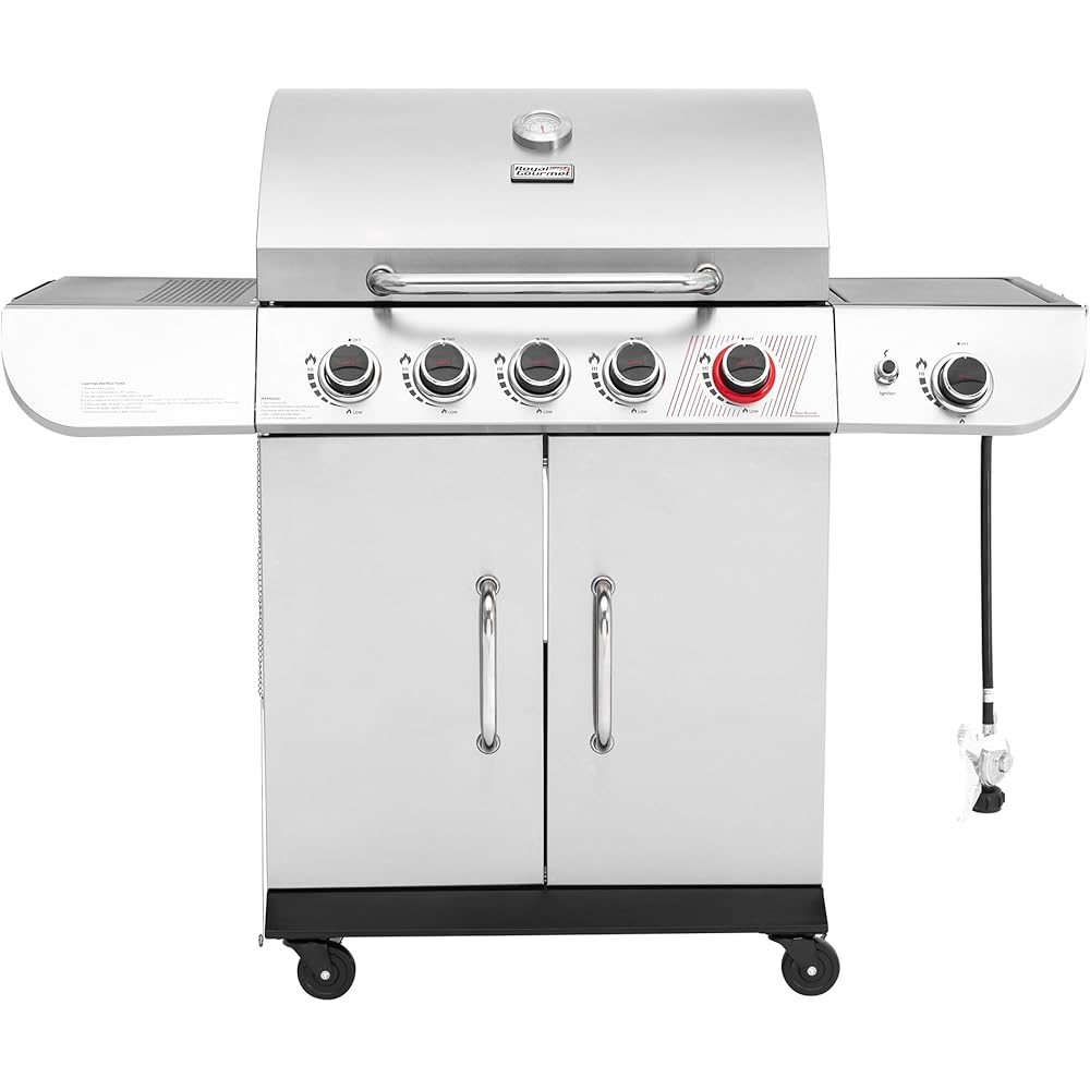 Royal Gourmet SG5002 5 Burner Propane Gas Grill with Side Burner &amp; Sear Burner, Stainless Steel Gas Grill with 61,000 BTUs Output for Outdoor Patio Garden Backyard Cooking, Silver