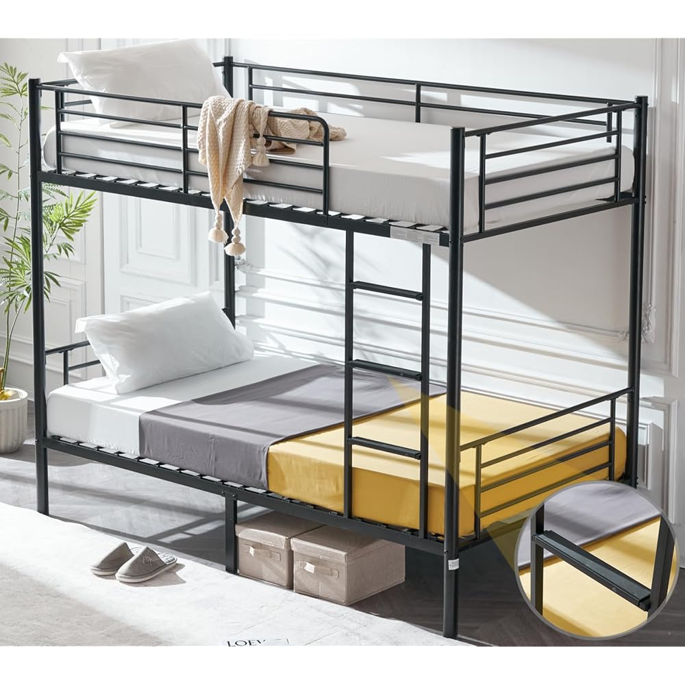 VINGLI Bunk Bed Twin Over Twin for Kids, Teens &amp; Adults Bunk Bed with Stairs &amp; Flat Rungs, Heavy Duty Metal Slats, No Box Spring Needed, Black