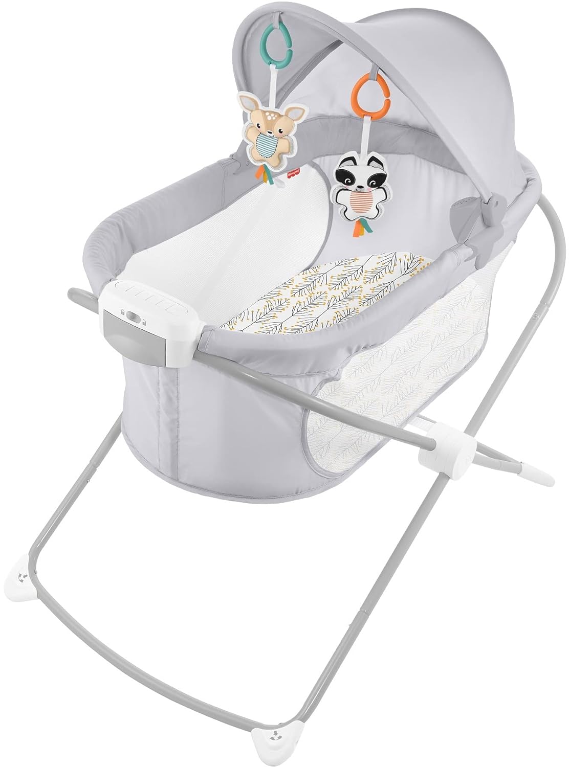 Fisher-Price Portable Baby Crib Soothing View Projection Bassinet with Lights Music Vibrations &amp; Slim Fold for Newborns 0+ Months, Fawning Leaves