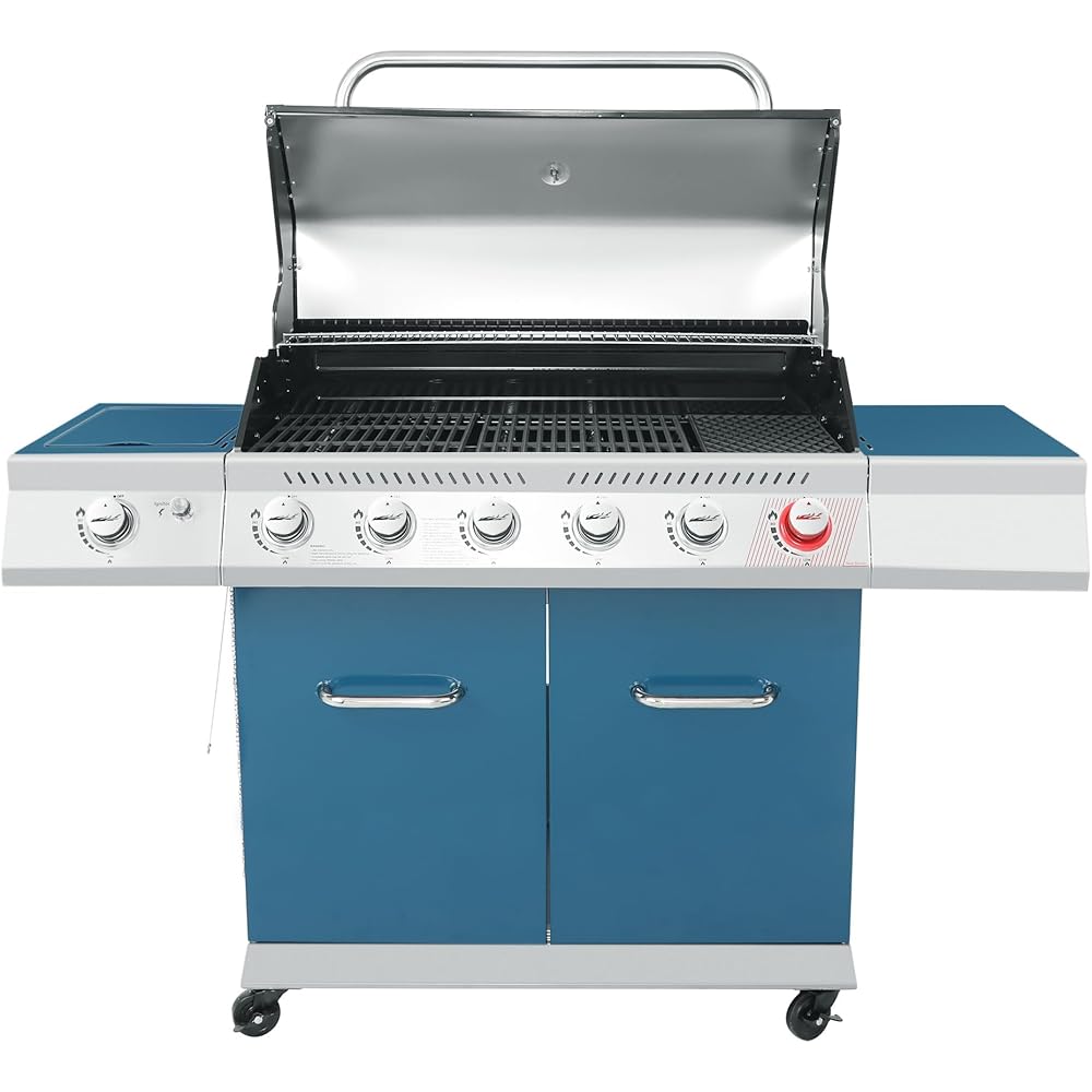Royal Gourmet GA6402B 6 Burner Propane Gas Grill with Side Burner and Warming Rack, 74,000 BTUs, Cabinet Style Gas BBQ Grill for Barbecue Grilling &amp; Backyard Cooking, Blue