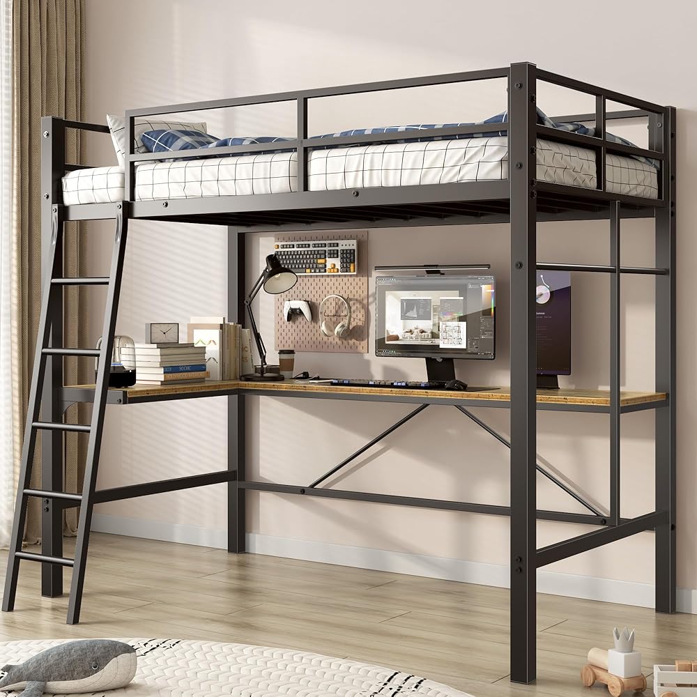 SogesSleep Loft Bed Twin Size with L-Shaped Desk, Heavy Duty Metal Twin Loft Bed with Charging Station, Safety Guard &amp; Ladder, Space-Saving, No Box Spring Needed