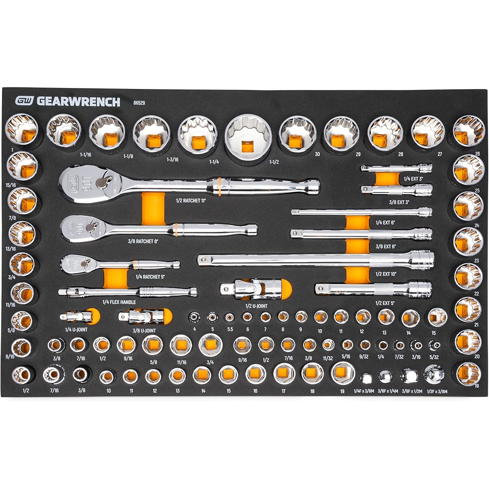 GEARWRENCH 83 Pc. 1/4, 3/8", 1/2" 90-Tooth SAE/Metric Mechanics Tool Set with EVA Foam Tray 86529