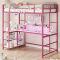 Tatub Twin Loft Bed with Large Desk and LED Lights, Metal Loft Bed Frame with Ladder, Storage Shelves and Adjustable Monitor Stand, Space-Saving Bed for Teens, Kids, Adults, Pink