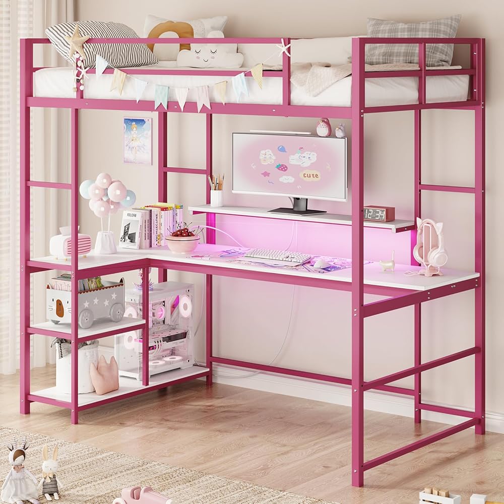 Tatub Twin Loft Bed with Large Desk and LED Lights, Metal Loft Bed Frame with Ladder, Storage Shelves and Adjustable Monitor Stand, Space-Saving Bed for Teens, Kids, Adults, Pink