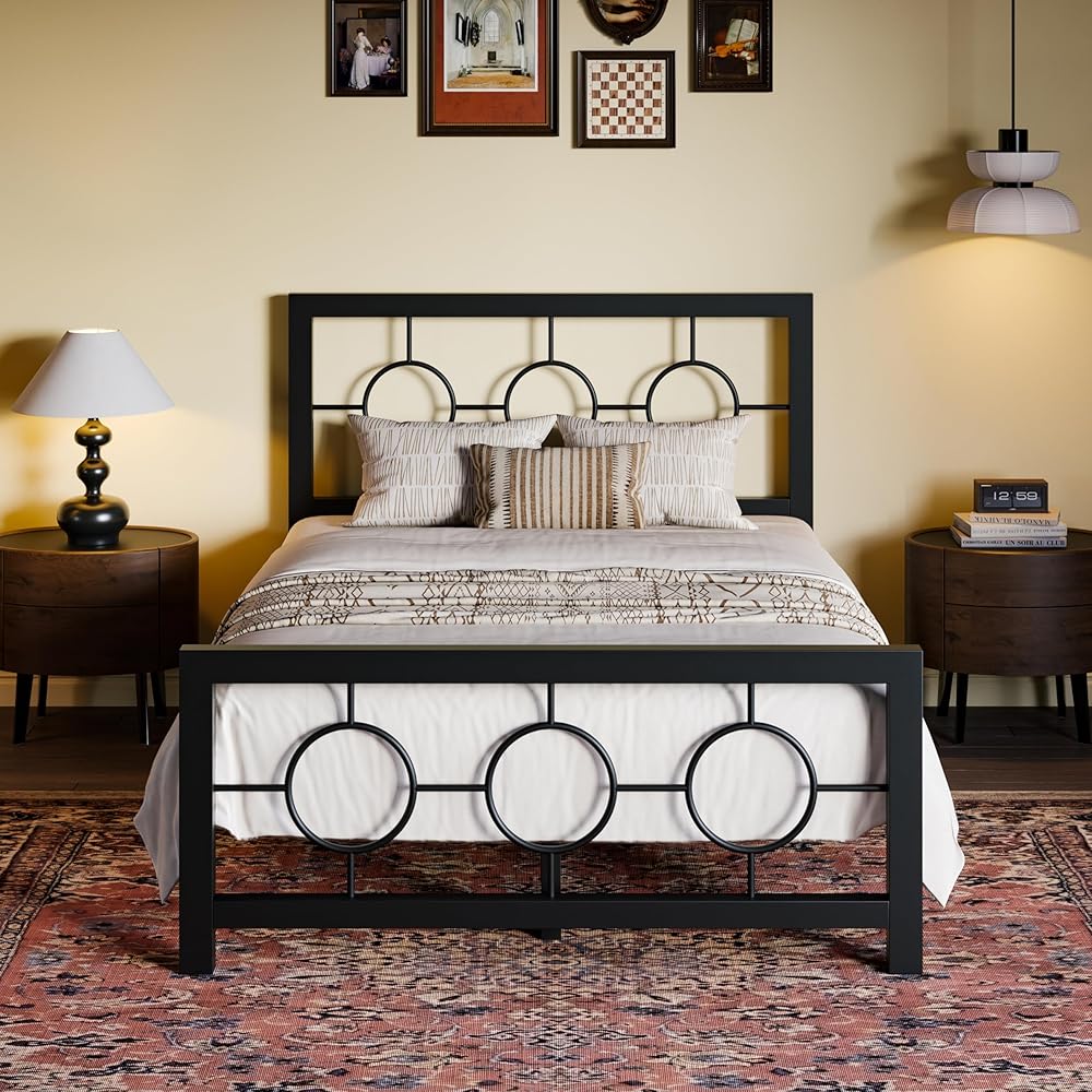 SHA CERLIN Twin Metal Bed Frame with Vintage Circular Design Headboard and Footboard,No Box Spring Required,Easy Assembly,Noise-Free,Black