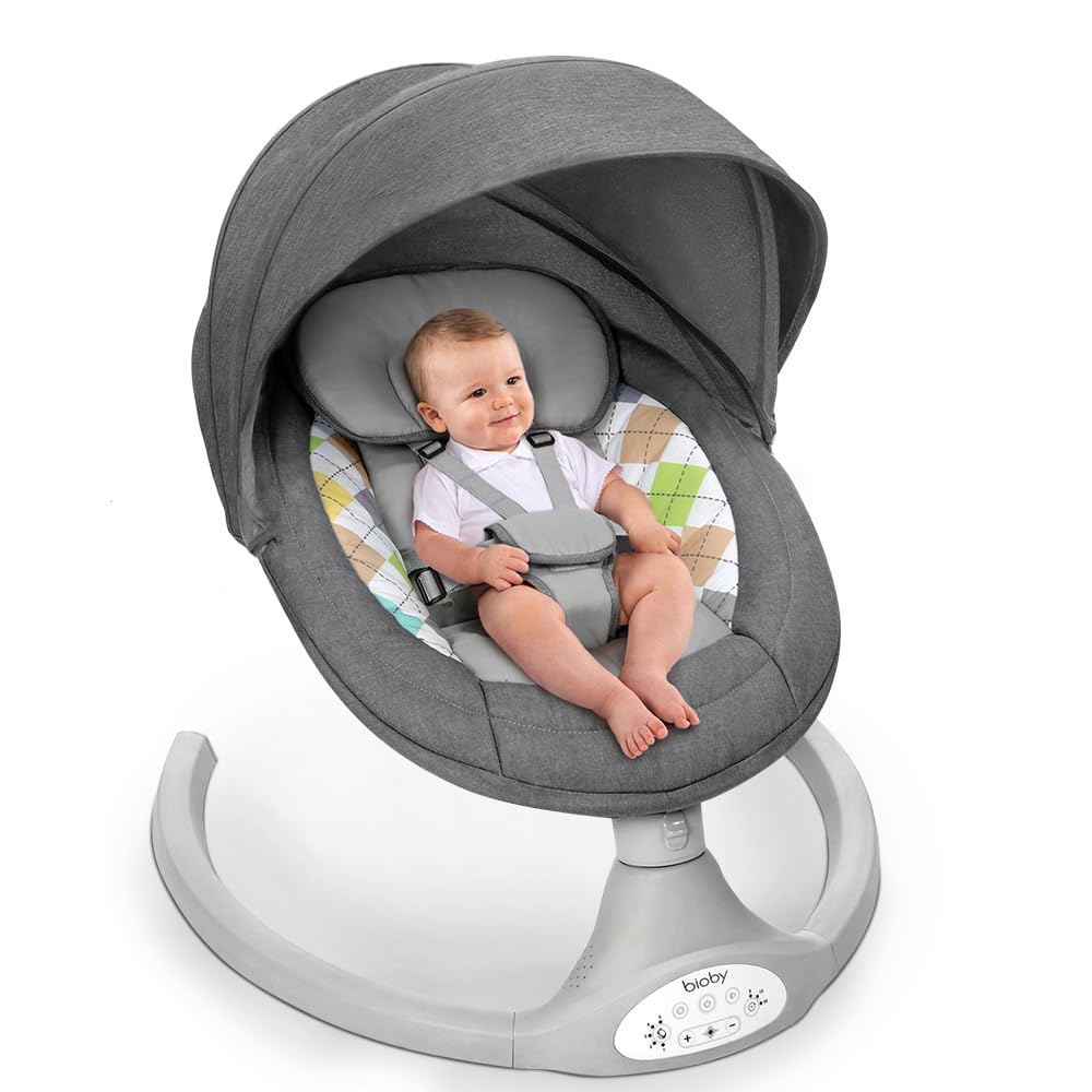 Bioby Baby Swing for Infants with 5 Natural Sway Speeds, Portable Bt Music Bouncer with Remote Control &amp; 5-Point Harness, Lightweight Baby Rocker for 5-20 Lb,0-12 Months Grey