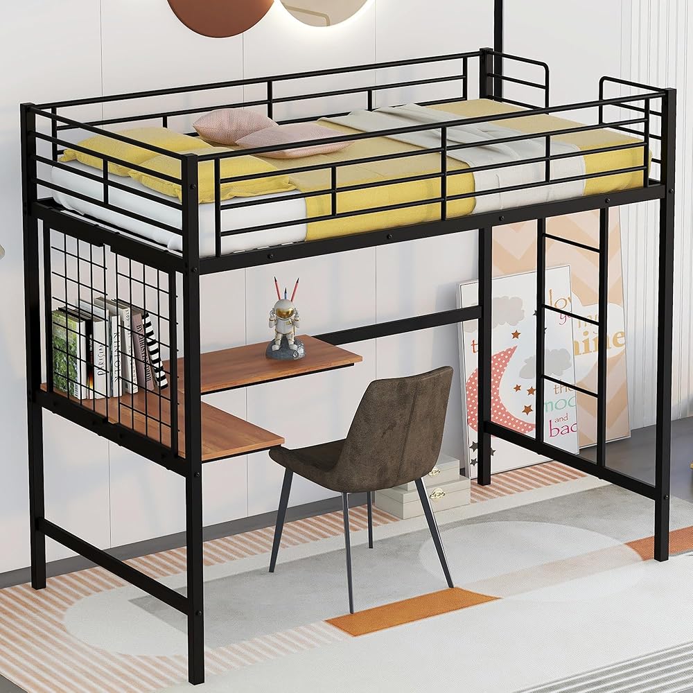 Metal Twin Size Loft Bed with Desk and Metal Grid,Heavy Duty Loft Bed Frame with Safety Guardrail for Kids Boys Girls,Space Saving,Twin,Black
