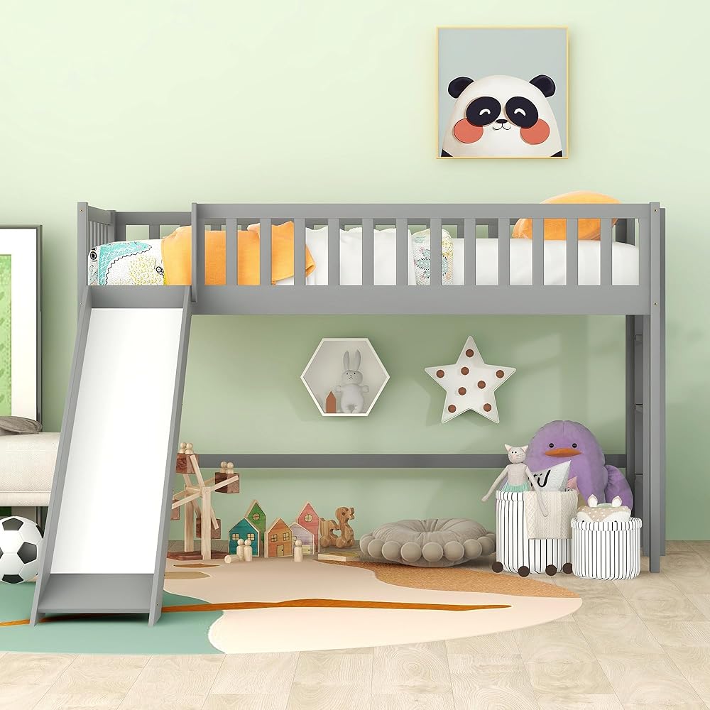 Bellemave Twin Size Loft Bed for Kids,Low Loft Bed with Slide and Ladder,Wood Loft Bed Twin for Girls Boys,Grey