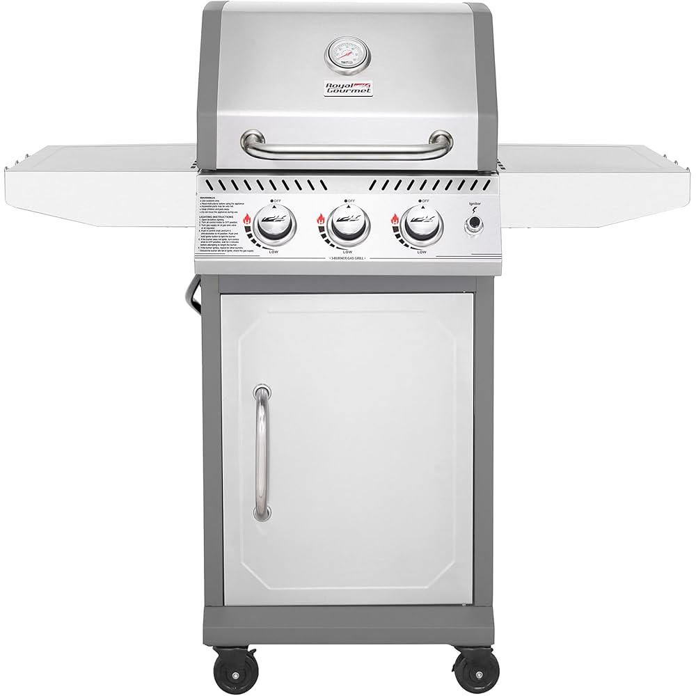 Royal Gourmet GG3001S 3 Burner Propane Gas Grill with Warming Rack, Stainless Steel Cabinet Style Gas Grill with 25,500 BTUs Output for Barbecue Grilling &amp; Backyard Cooking, Silver