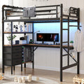 Twin Size Loft Bed with L-Shaped Desk, LED Lights,Charging Station, Industrial Heavy Duty Metal Loft Bed Frame with 3 Storage Shelves and 3 Fabric Drawers, Safety Guard &amp; Ladder (Vintage Brown)