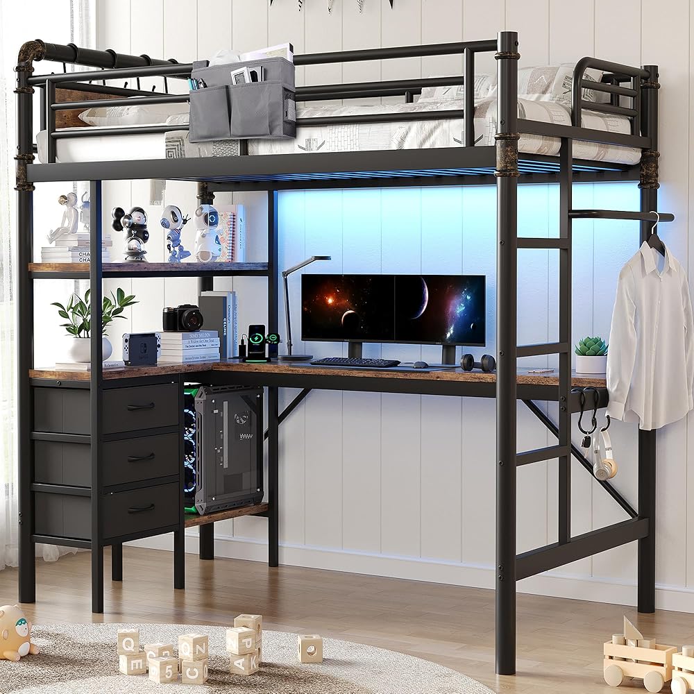 Twin Size Loft Bed with L-Shaped Desk, LED Lights,Charging Station, Industrial Heavy Duty Metal Loft Bed Frame with 3 Storage Shelves and 3 Fabric Drawers, Safety Guard &amp; Ladder (Vintage Brown)