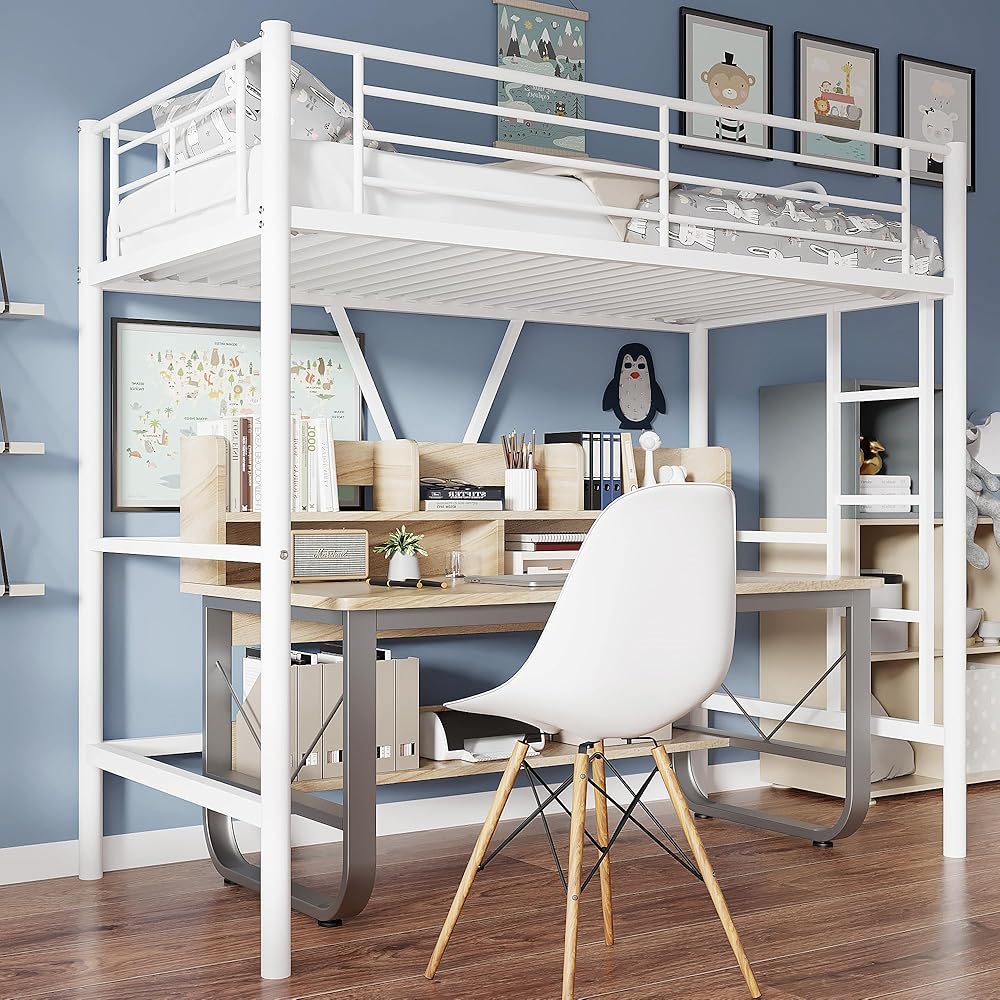 VECELO Twin Size Loft Bed with Full-Length Guardrails and Removable Ladder, Heavy-Duty Metal Frame, Space-Saving Design &amp; Noise-Free, White