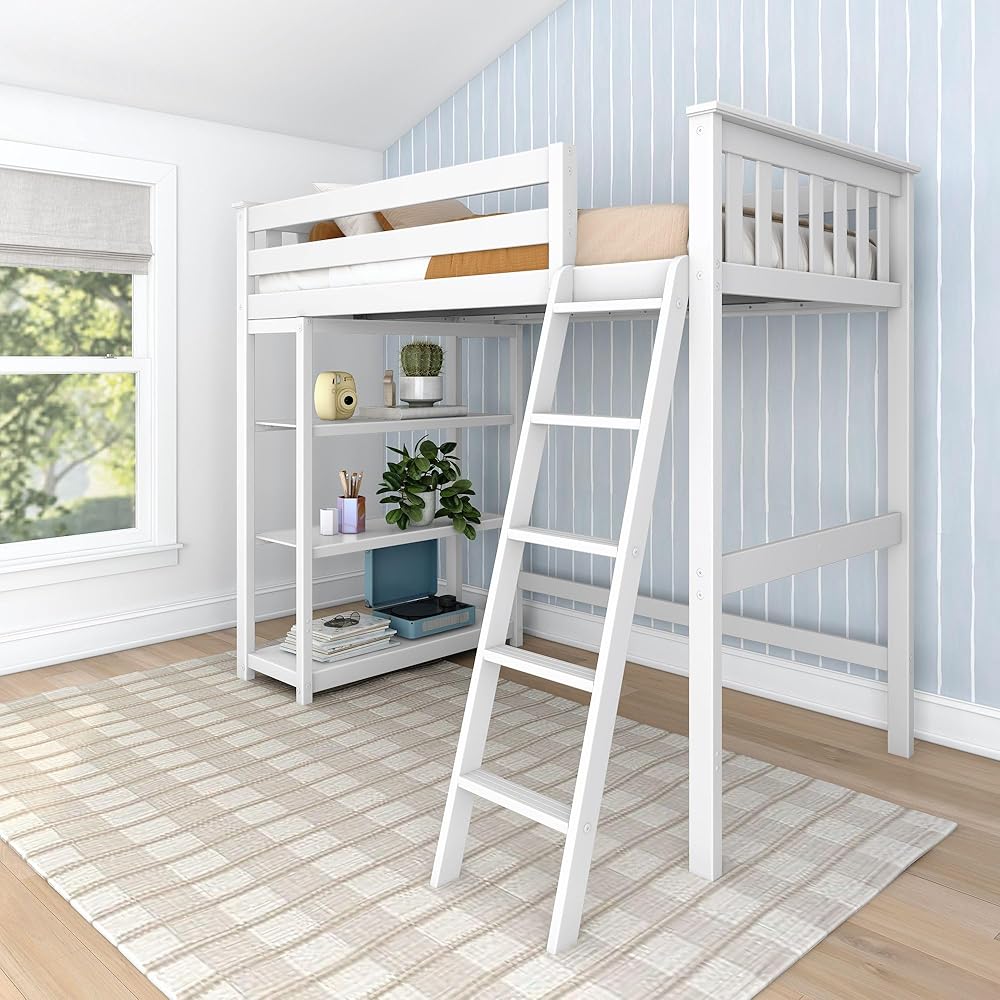 Max &amp; Lily High Loft Bed, Twin Bed Frame For Kids With Bookcase, White