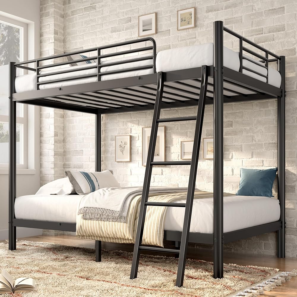 SogesSleep Bunk Bed Twin Over Twin, Heavy Duty Metal Bunk Bed Frame with Angled Ladder for Teens and Adults, for Spaces-Saving, Smooth Rounded Edges, Noise Free &amp; Easy Assembly, Black