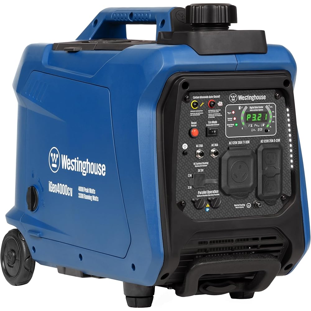 Westinghouse 4000 Peak Watt Super Quiet Portable Inverter Generator, Wheel &amp; Handle Kit, RV Ready 30A Outlet, Gas Powered, CO Sensor, Parallel Capable