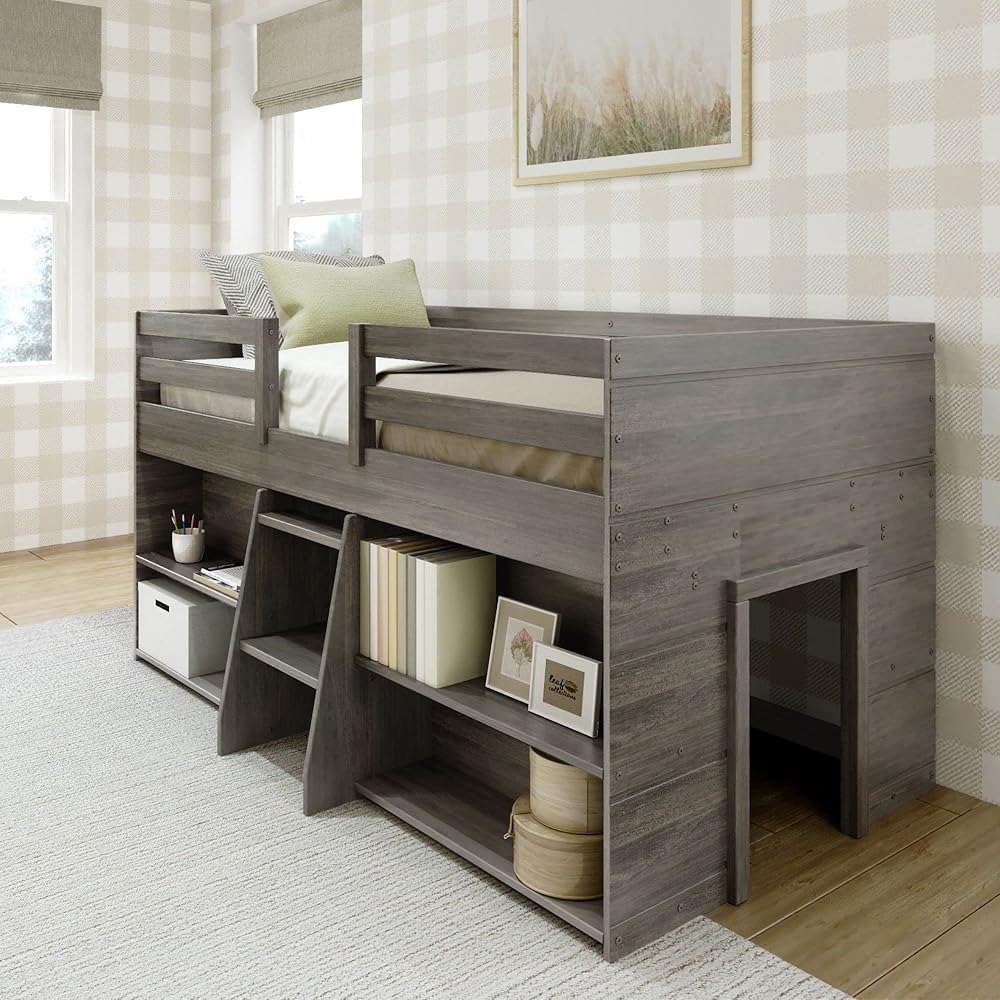 Max &amp; Lily Modern Farmhouse Low Loft Bed, Twin Bed Frame for Kids with 2 Bookcases, Driftwood